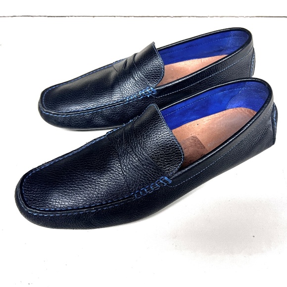 Donald J. Pliner Varran Black Pebbled Leather Loafer/Moc w/ Blue Contrast Stitch - Picture 5 of 13